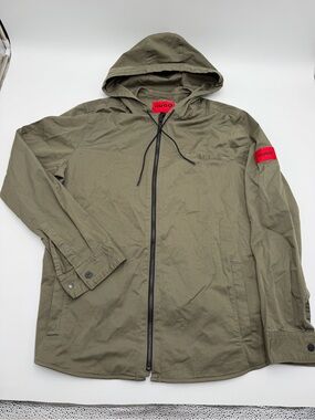 HUGO Boss Mens Medium Hooded Jacket Olive Green Full Zip Lightweight 38R